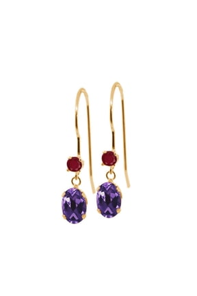 1.14 Ct Oval Purple Amethyst Red Ruby 14K Yellow Gold Earrings