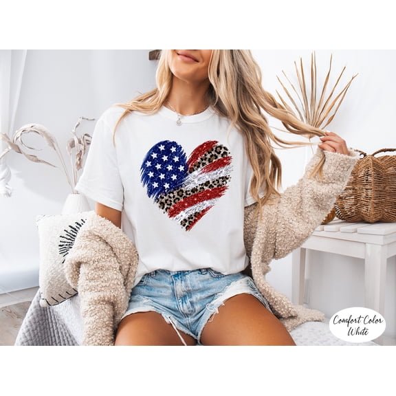 Comfort Color Patriotic Heart 4th of July Shirt, USA Flag Leopard Print Graphic Tee, Independence Day T-Shirt for Women