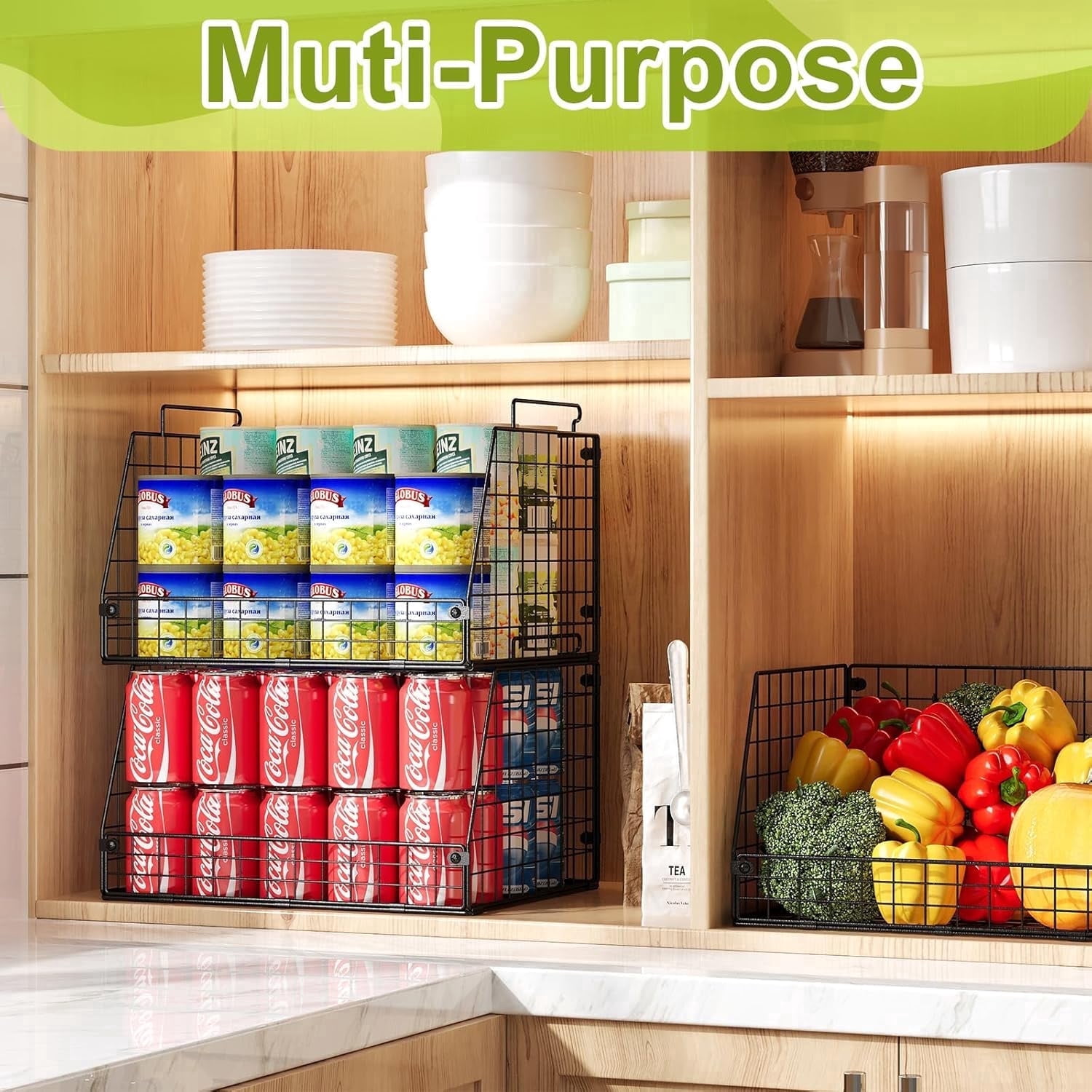 X-COSRACK 3-Pack XXL Stackable Wire Baskets, Foldable Metal Pantry Organizers & Storage Bins for Potato, Onion and Fruit, Black