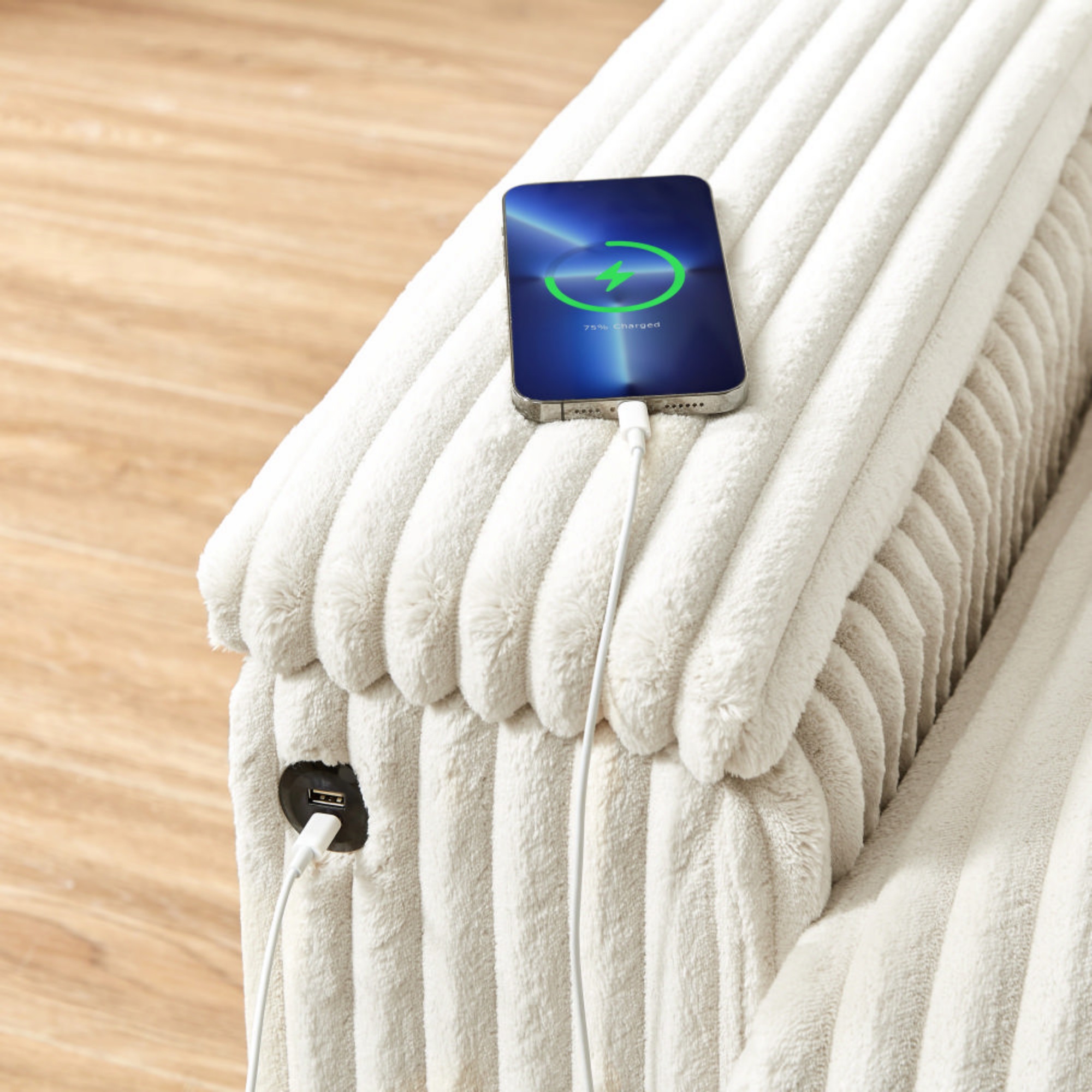 Leumius Loveseat Sofa,71" Comfy Corduroy Love Seat Couch With Square Storage Armrest USB Port for Living Room,White