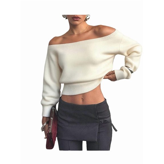 Women Off Shoulder Long Sleeve Pullover Sweater Top Trendy Boat Neck Soft Ribbed Knit Crop Sweater M