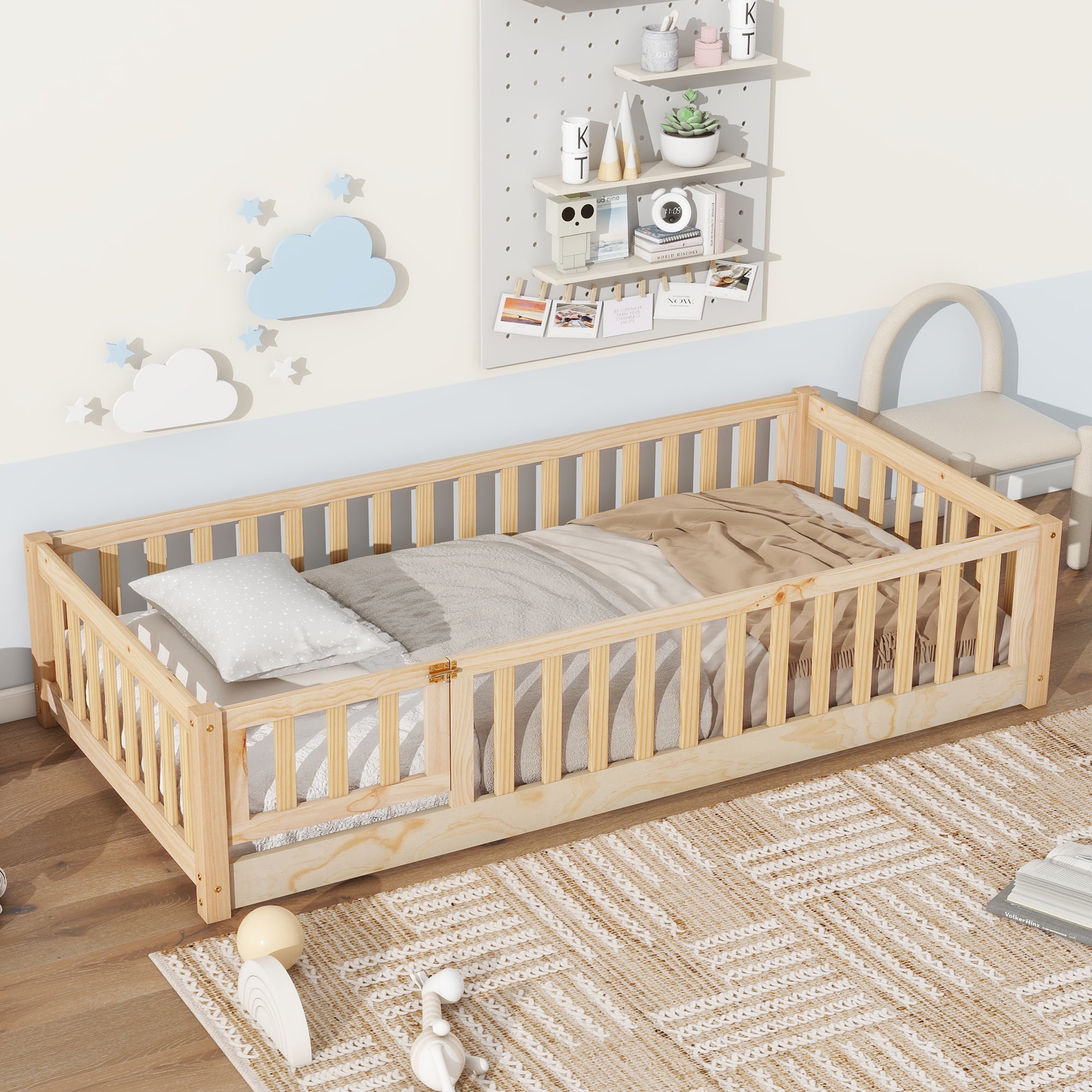 PAPROOS Twin Size Floor Bed, Solid Wood Toddler Bed with Slat, Fence Guardrail and Door, No Box Spri(图5) PAPROOS Twin Size Floor Bed, Solid Wood Toddler Bed with Slat, Fence Guardrail and Door, No Box Spri(图5)