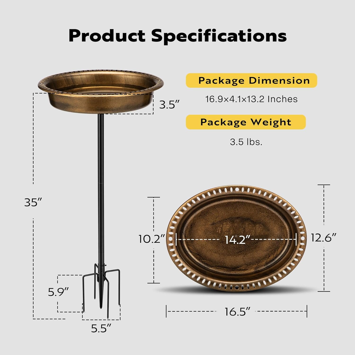 SPECSTAR Bird Bath, Oval Polyresin Birdbath Bowl with Metal Stake, 29 inch Height Outdoor Freestanding Birdfeeder, 1.3 Gallons, 5-Pronged Base, Copper