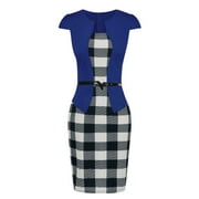 Ladies plaid fake two-piece business wear sleeveless plaid bag hip skirt pencil skirt large plaid blue S