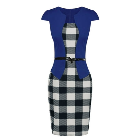 Ladies plaid fake two-piece business wear sleeveless plaid bag hip skirt pencil skirt large plaid blue S