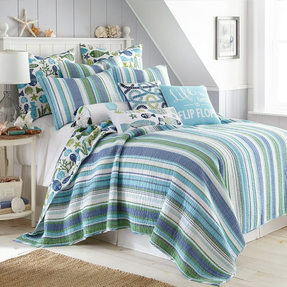Levtex Home Vero Quilt Set King Quilt + Two King Pillow Shams Stripe Teal Blue Green