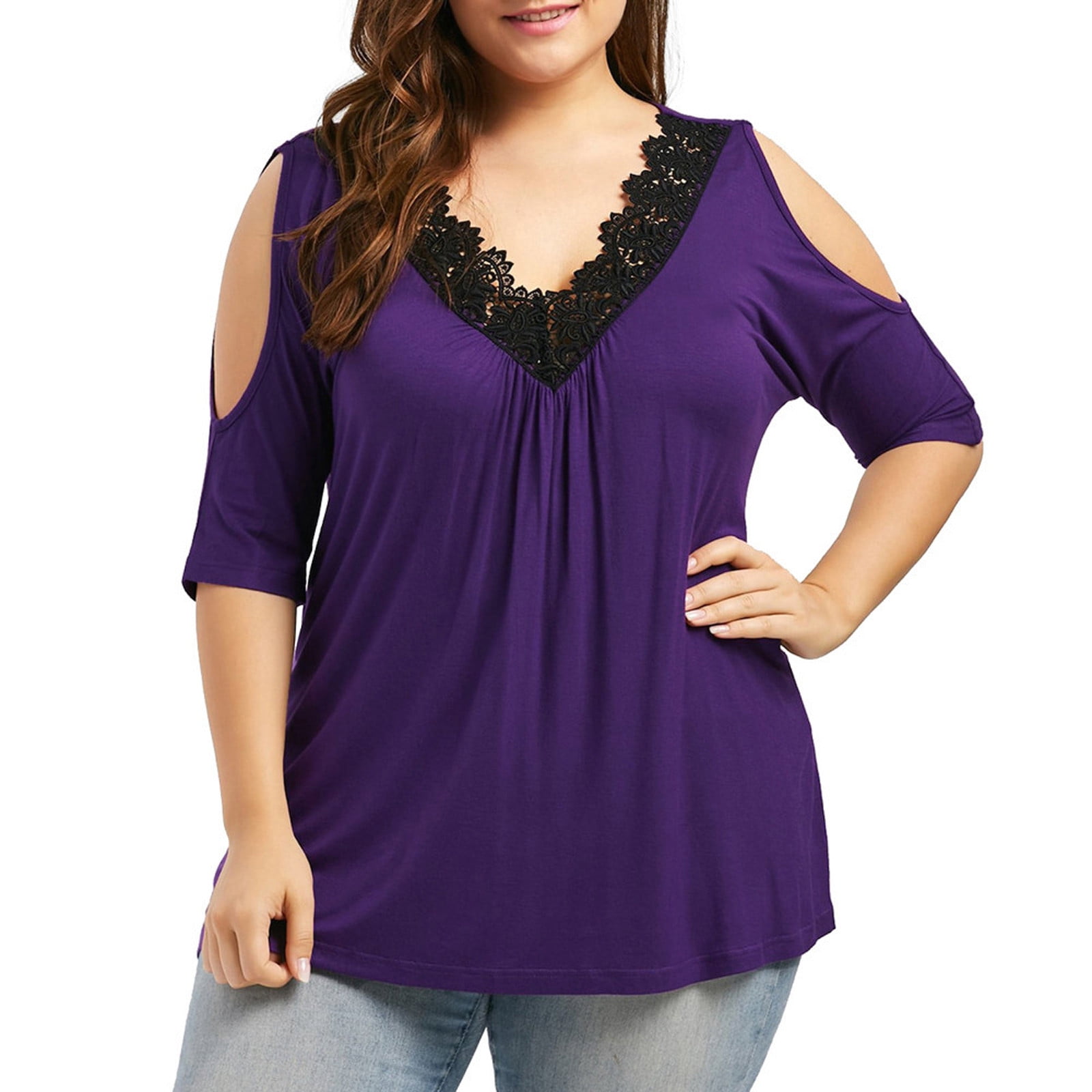 NEW Women Plus Size Cold Shoulder Strapless Lace Short Sleeve T-shirt Tops HOT
