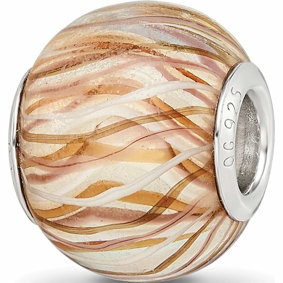 Sterling Silver Reflections Brown And White Striped Glass Bead (14.4 X 11.4) Made In China -Jewelry By Sweet Pea