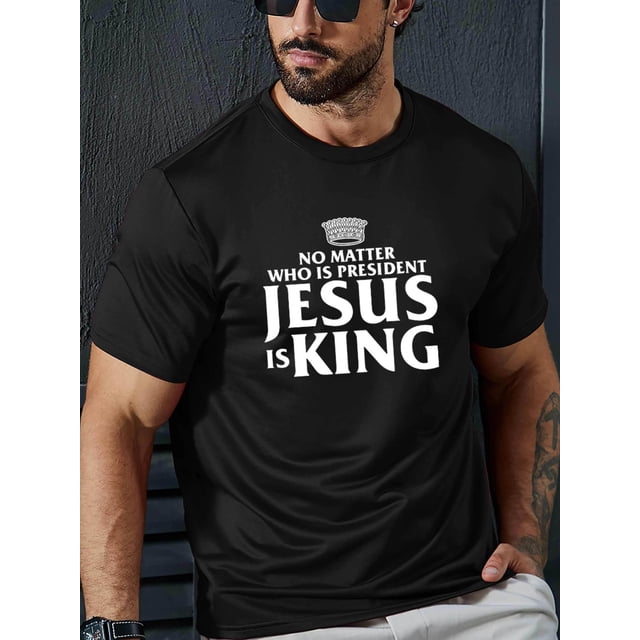 Jesus Is King Pattern, Men's Trendy Stretchy Breathable T-shirt, Casual Comfy Short Sleeve For Summer, Men's Clothing Tee For Adult, Men, Women, Teen, Teenager, Adolescent, Youth