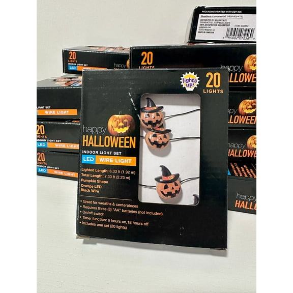 Happy Halloween Indoor Wire Light Set, Pumpkin Shape, Orange LED, Battery Operated, 20 Lights, 7.33 Ft