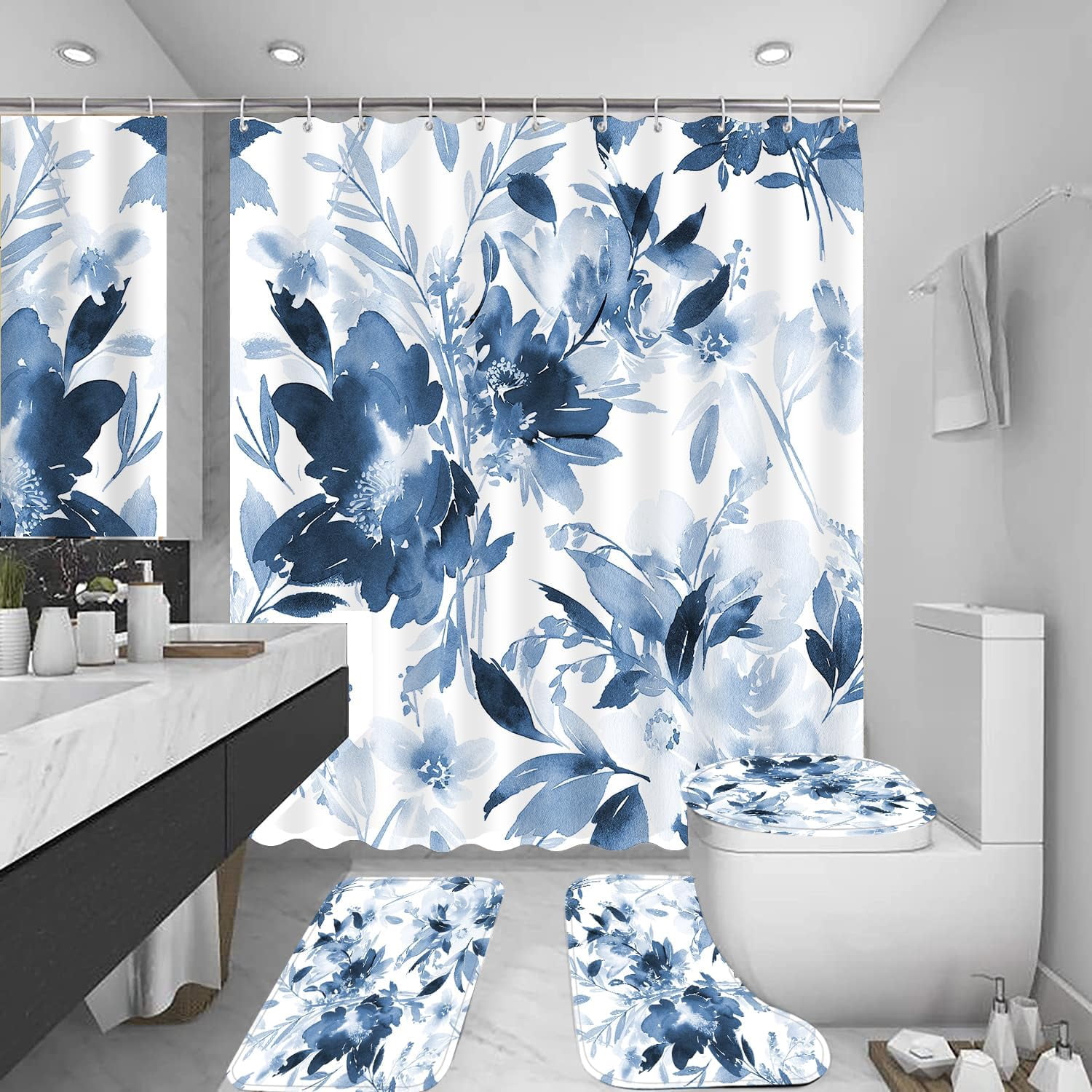 Blue Leaves Shower Curtain Set Bathroom Sets Flower Shower Curtain Set with Rugs,Bathroom Shower Curtain Set with Carpet Bath Mat Toilet Rugs