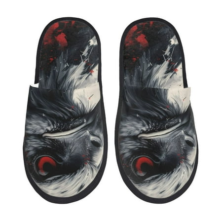 Balery Red Black Ink Style Bald Eagle Slient Indoor Furry Fleece Comfort House Shoes Soft Non-Slip Home Shoes Cotton slippers House Slippers-- Medium
