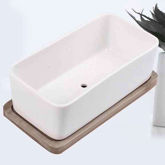 OUNONA White Ceramic Planter Set with Tray, Oblong Flower Pot for Indoor and Outdoor Garden Decor