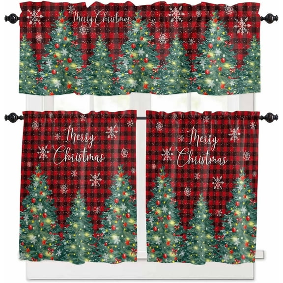 Christmas Trees Kitchen Curtains and Valances Set, Rod Pocket Curtains Tier Farmhouse Window Curtains 36 Inch Length, Snowflake Red Black Buffalo Plaid Xmas 3 Piece Kitchen Curtains Set