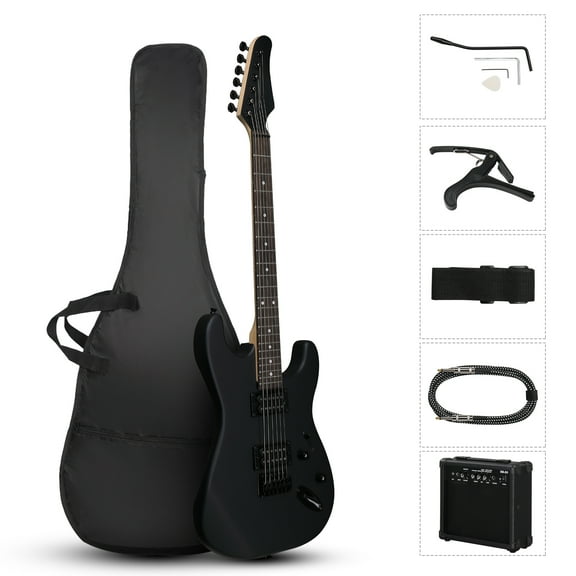 Ktaxon KST 39in Electric Guitar Beginner Kit w/ 20W Amp, H-H Pickups, Capo, Strap, Cable, Picks, Matte Black