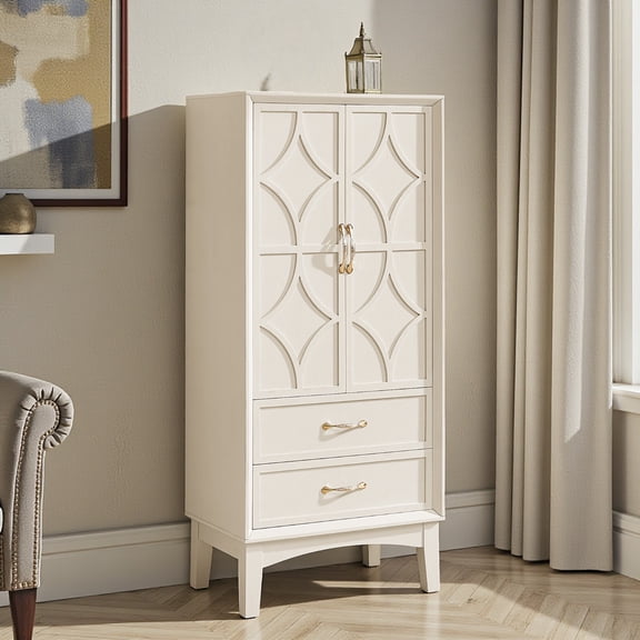 GZXS 53.5"H Vintage Pantry Cabinet, 2-Door Tall Cabinet with 2 Drawers and Adjustable Shelves, Accent Storage Cabinet for Kitchen, Dining Room, Living Room, Antique White