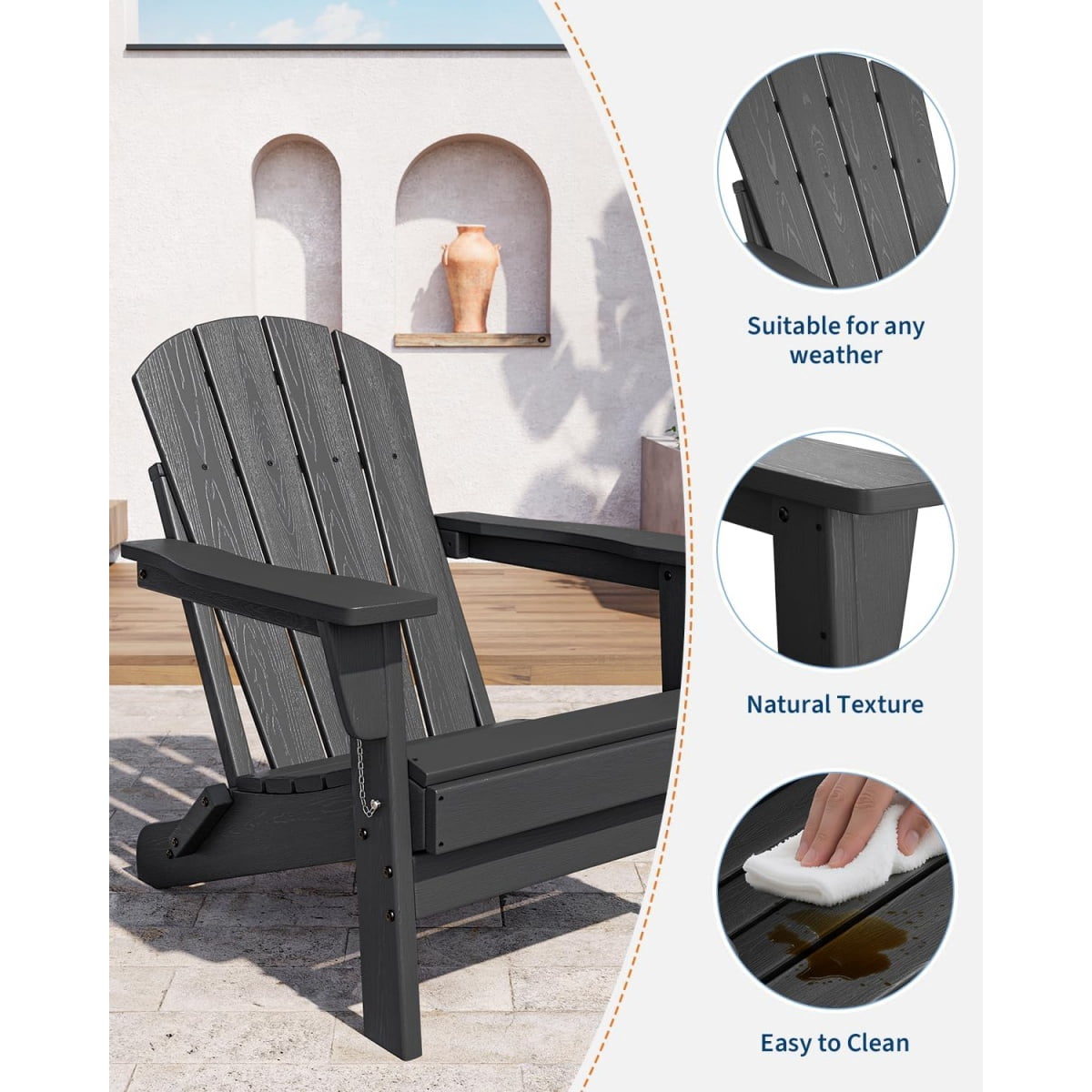 1PC Folding Adirondack Chair, HDPE Outdoor All-Weather Fire Pit Chairs, Outdoor Wooden Lounge Chair, Modern Lounger Adirondack Chairs Ergonomic Extended Backrest for Deck, Patio, Pool, Backyard