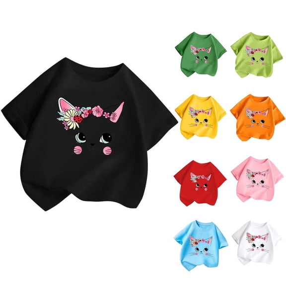 BXSRUTA Boys and Girls Summer Round Neck Short Sleeve Cute Cat Print T-Shirt, Soft Breathable Polyester Casual Tee for Kids Ages 2-14