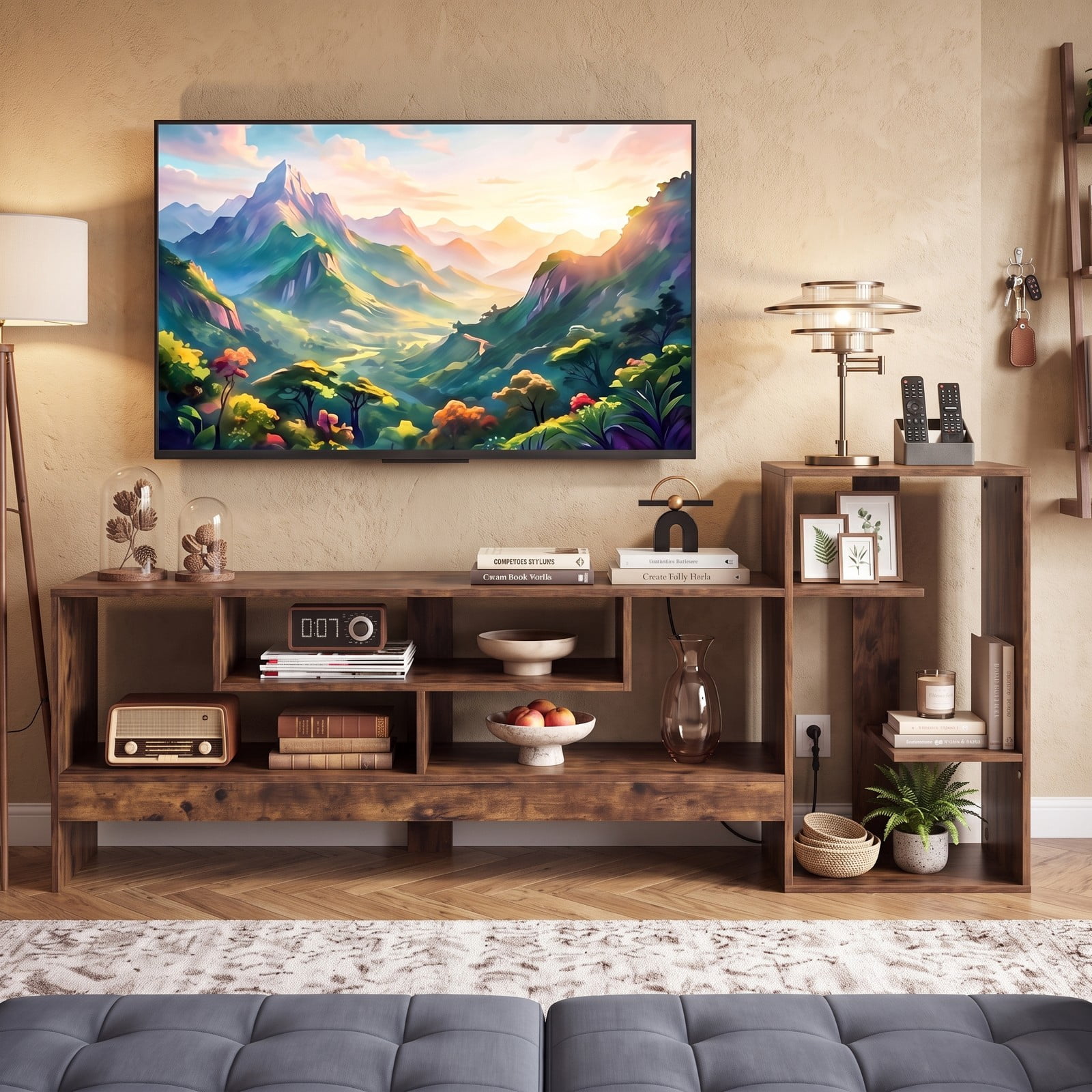 Furnibear Cube TV Stand for 55 Inch TV with Power Outlets, USB and Type-C Ports, Open Cube Storage Shelves, Entertainment Center Media Console for Living, Rustic Brown