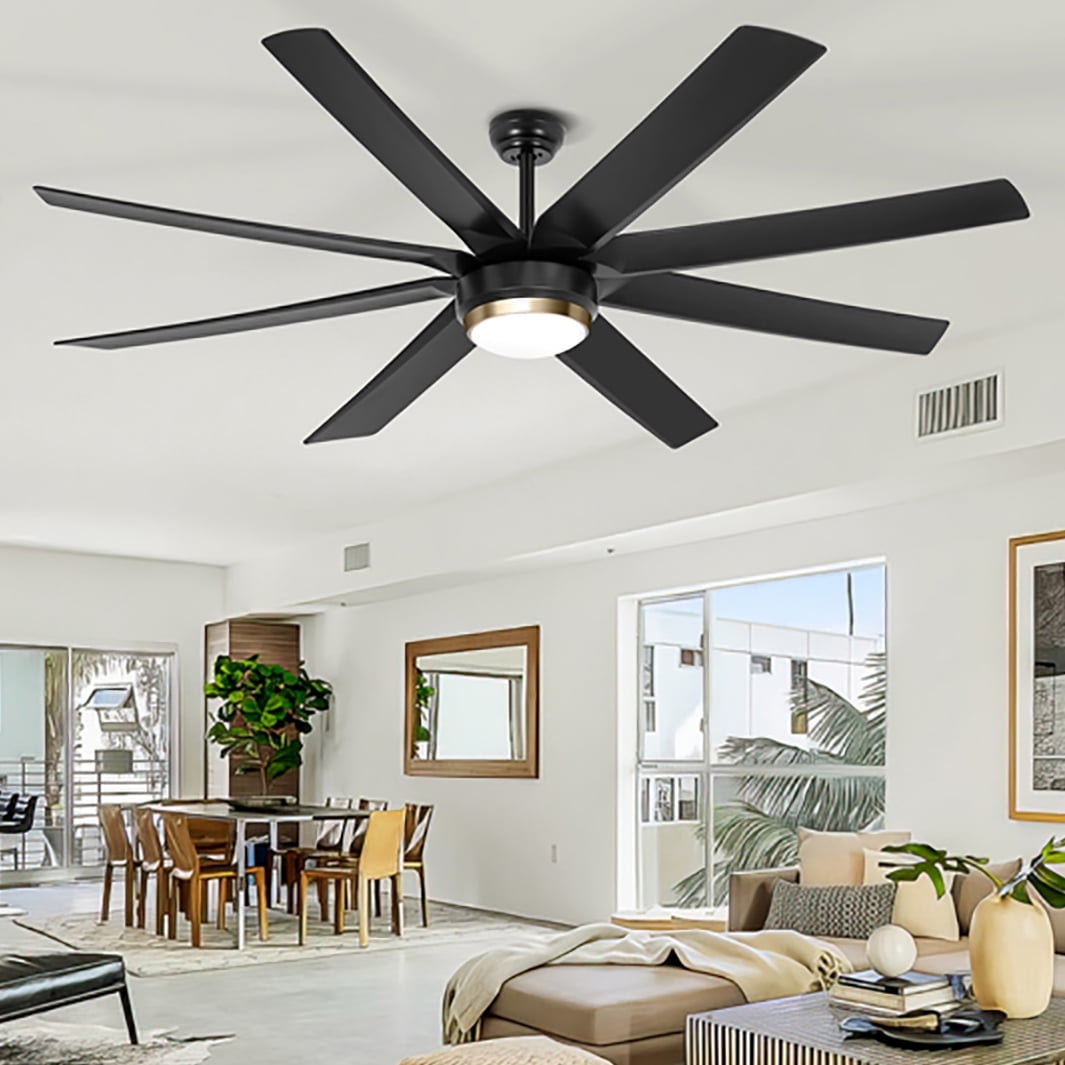 Ohniyou 70" Indoor Outdoor Ceiling Fans with Lights and Remote 8 Blades 6 Speed Dimmable Large Ceiling Fan for Patios Living Room Bedroom, Matt Black