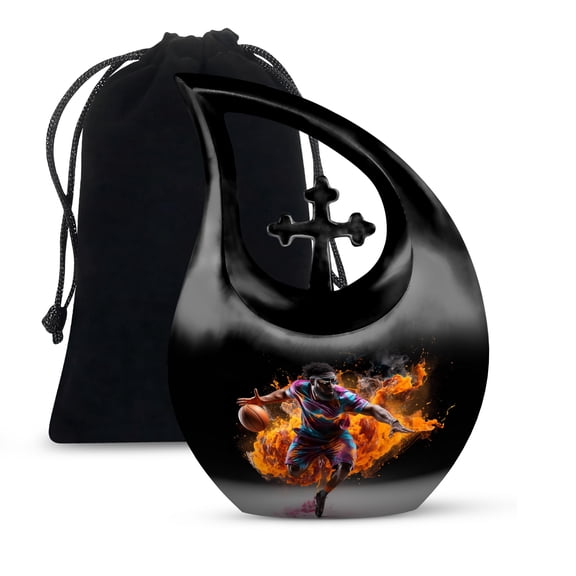 MUKTIVE Basketball Cremation Urns for Adult Ashes Women - Large Black Memorial Urns for Adult Male - Cross Drop Burial Urn for Human Ashes - Funeral Urn for Mom & Dad - 10 Inch