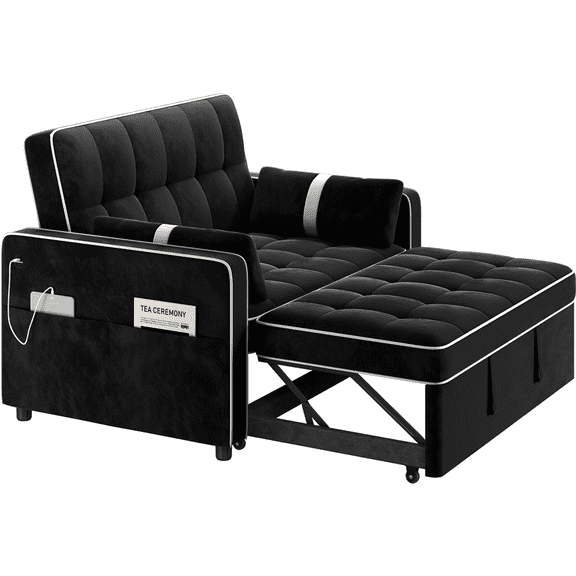 Renwick Convertible Sleeper Sofa Bed 3-in-1  Pull Out Couch Velvet Loveseat Couch with Adjustable Backrest, USB Ports, Side Pockets and Pillows for Living Room Bedroom, Black