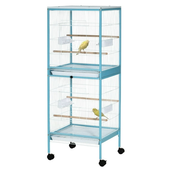 SAZYY 55" 2-in-1 Parrot Cage with Wheels, Easy Clean Aviary for Parakeets, Finches, Budgies | Large Bird House with Slide-Out Tray, Blue