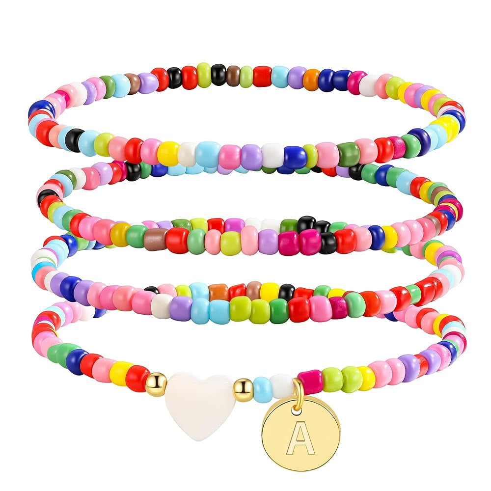 Turandoss Beaded Initial Bracelets for Women Girls Layered 4PCS Colorful Beaded Heart Letter Charm Personalized Kids Jewelry Birthday Gift for Teenage Girl Gifts Ages 8-10