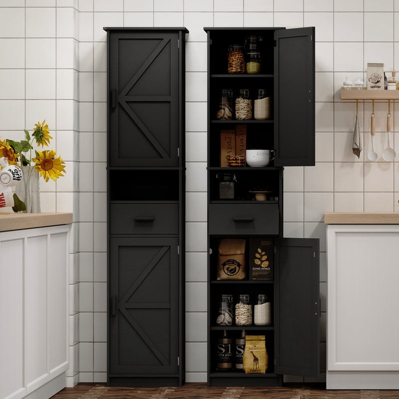 69"H Bathroom Storage Cabinet,Narrow Floor Cabinet with 2 Barn Doors, 1 Drawer & Adjustable Shelves