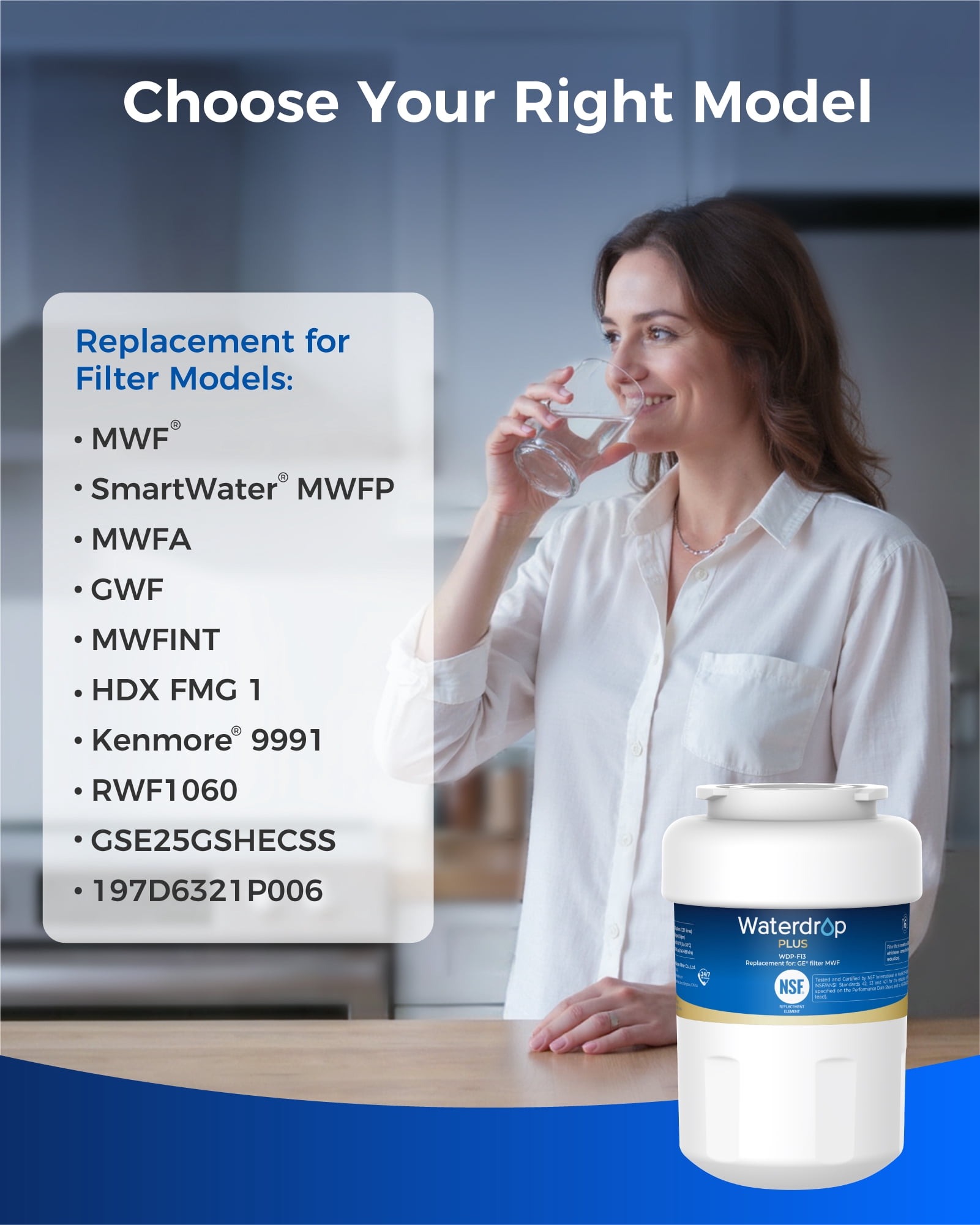 Waterdrop Plus WDP-F13 Reduce PFAS Replacement for GE® MWF®, HDX FMG-1, MWFP, MWFA, RWF1060, Kenmore® 469991 Refrigerator Water Filter, 2 Pack (Package May Vary)