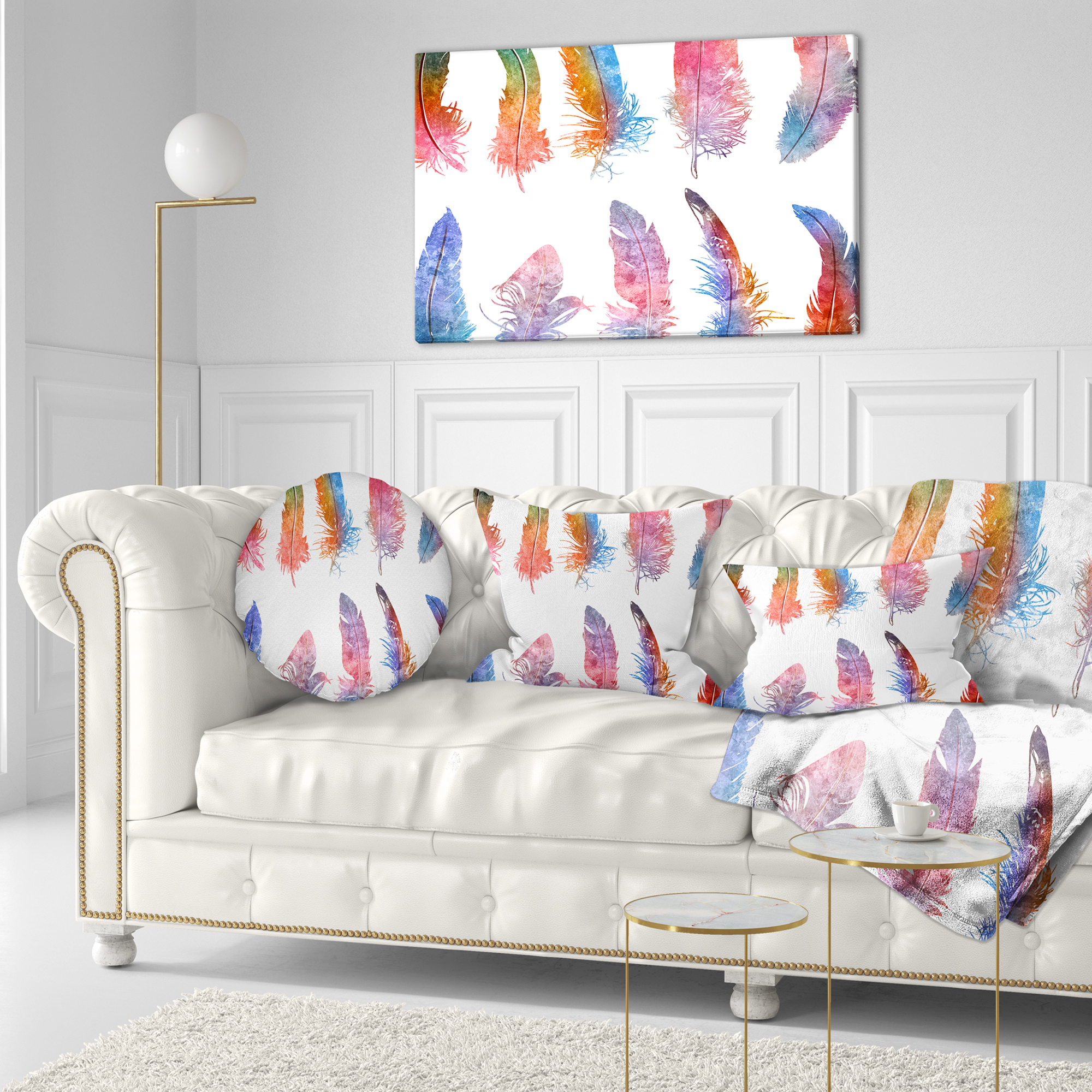 Designart Rainbow Feathers - Floral Throw Pillow - 12x20
