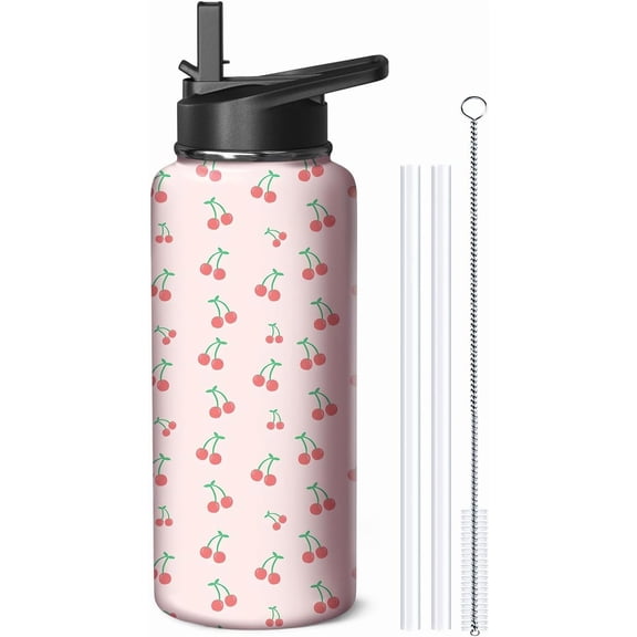 32oz Cherry Water Bottle with Handle and Flip Straw, Sports Stainless Steel Insulated Cup Travel Coffee Mug Tumbler, Birthday Mothers Day Chritmas Gifts for Women