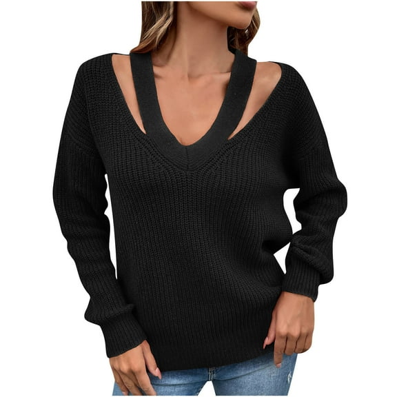 Aoochasliy Womens Sweaters Pullover Clearance Casual Trendy Solid Color Pullover V-Neck Sweater