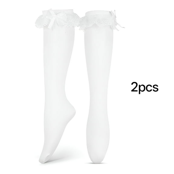 TELOLY 2 Pairs Frilly Socks for Women Long Lace Socks with Bows Ruffle Socks for Girls High Socks with Bow Cute White Stockings for Women