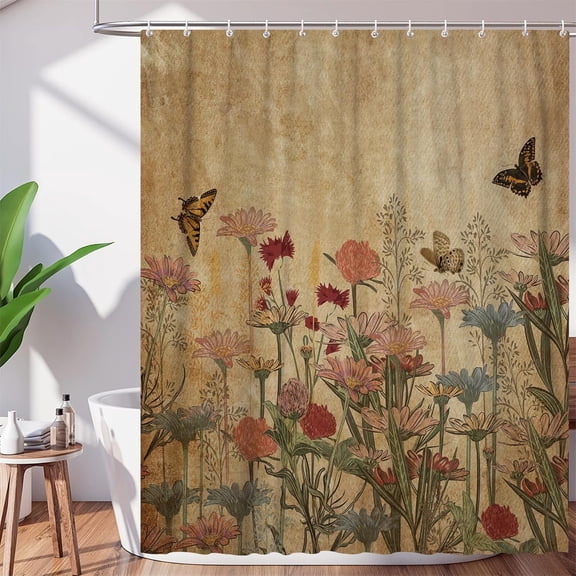 Floral Shower Curtain for Bathroom, Boho Retro Extra Long Flower Shower Curtains, Rustic Farmhouse Botanical Shower Curtain 60x72 Inch, Nature Plant Leaves Butterfly Fabric Bathroom Decor