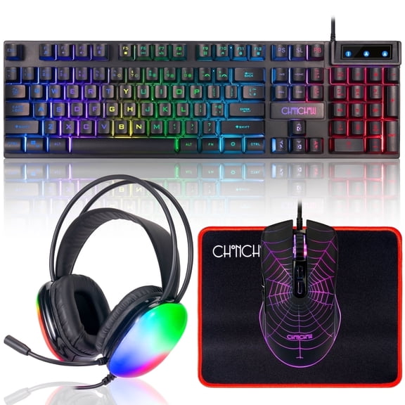 CHONCHOW gaming keyboard and mouse headset set: USB wired four-piece set (including microphone), RGB colorful glare backlight, mouse with side buttons, compatible with PC/Windows/PS5/PS4