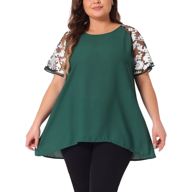 Blusa de manga corta de ganchillo con panel de malla transparente para mujer de tallas grandes GRACE & GRANDEUR 4X verde oscuro
