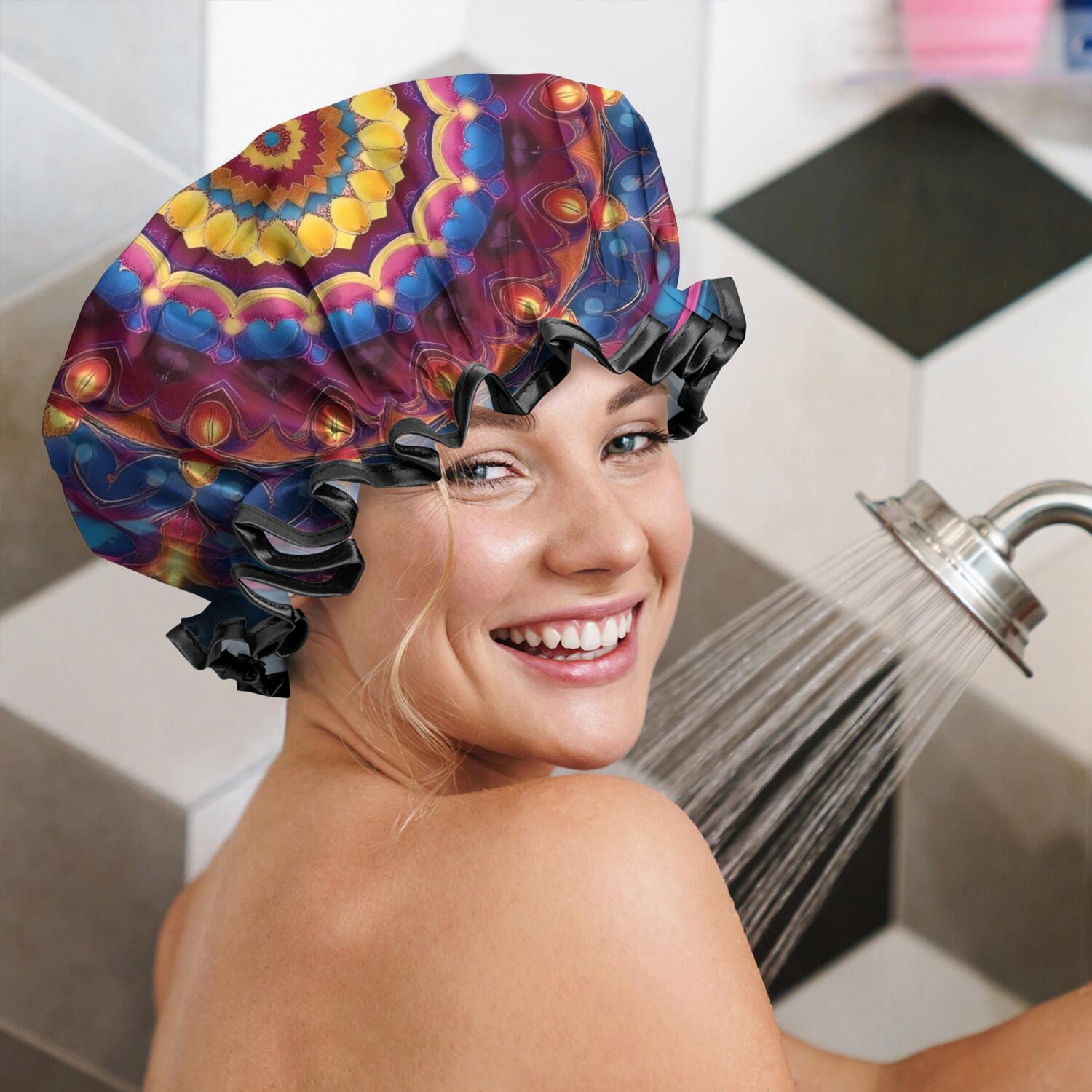 Shower Caps,Colorful Tie Dye Luminous Mandala Pattern Waterproof Shower Cap for Women 4 Pieces,Double Reusable Hair Cover for Shower PEVA Elastic Stretch Hem