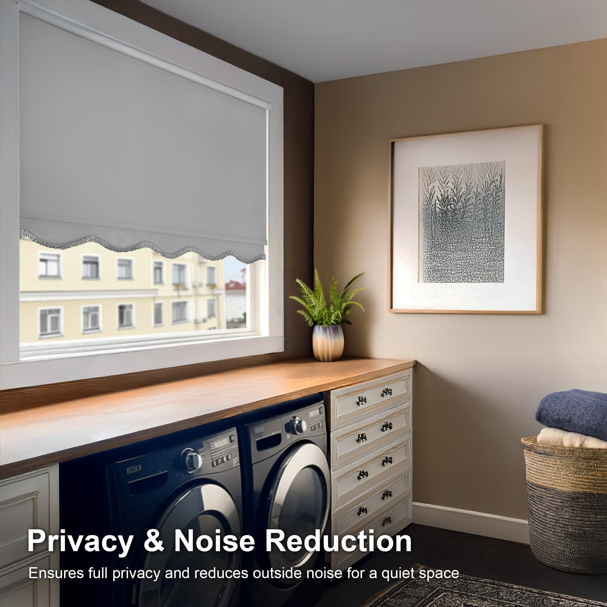 Chicology Blackout Roller Shades with Fringe | Cordless Light Filtering Window Blinds |26"W X 64"H| Decorative Privacy Shades for Home & Office | Easy Install | Gray