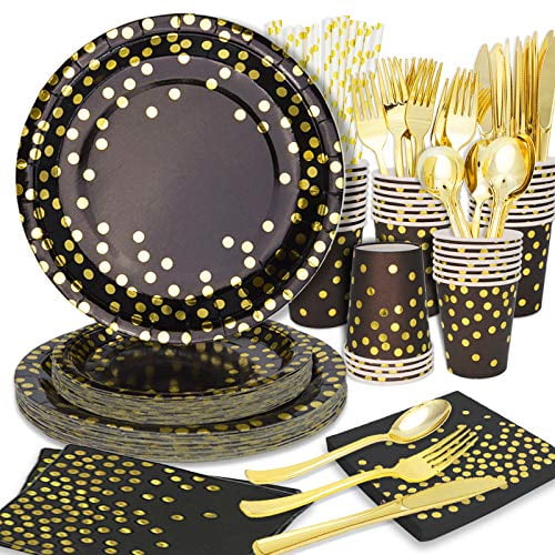 Akamino Black and Gold Party Supplies Set for 25 Guests 127PCS Golden Dot Party Tableware Includes Tablecloth & Banner Party Paper Plates Cups Straws Napkins for for Birthday Decorations Weddings