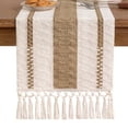 thumbnail image 1 of Table for Home Decor with Tassels 72 Inches Long Farmhouse Rustic Table Runner Cream & Brown Macrame Burlap Fall Table Decoration for Living Room Bridal Shower (12x72 Inches), 1 of 5