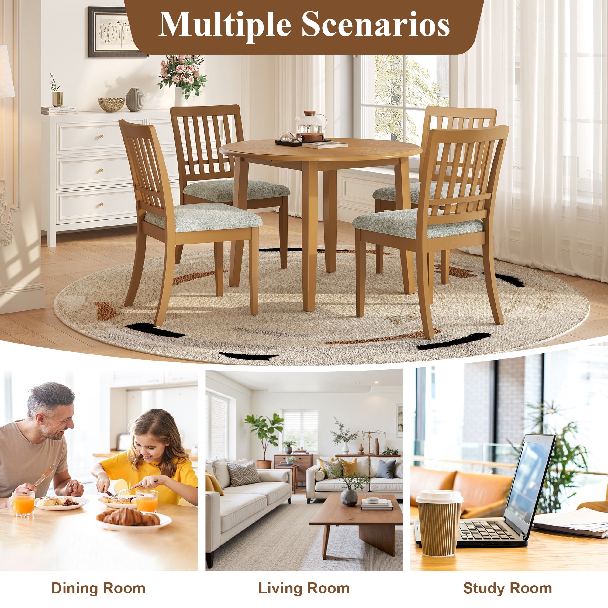 Euroco 5-Piece Round Dining Table Set for 4, Folding Wood Dining Table with 4 Upholstered Chairs, Farmhouse Kitchen Table Set for Small Space,Apartments,Light Brown