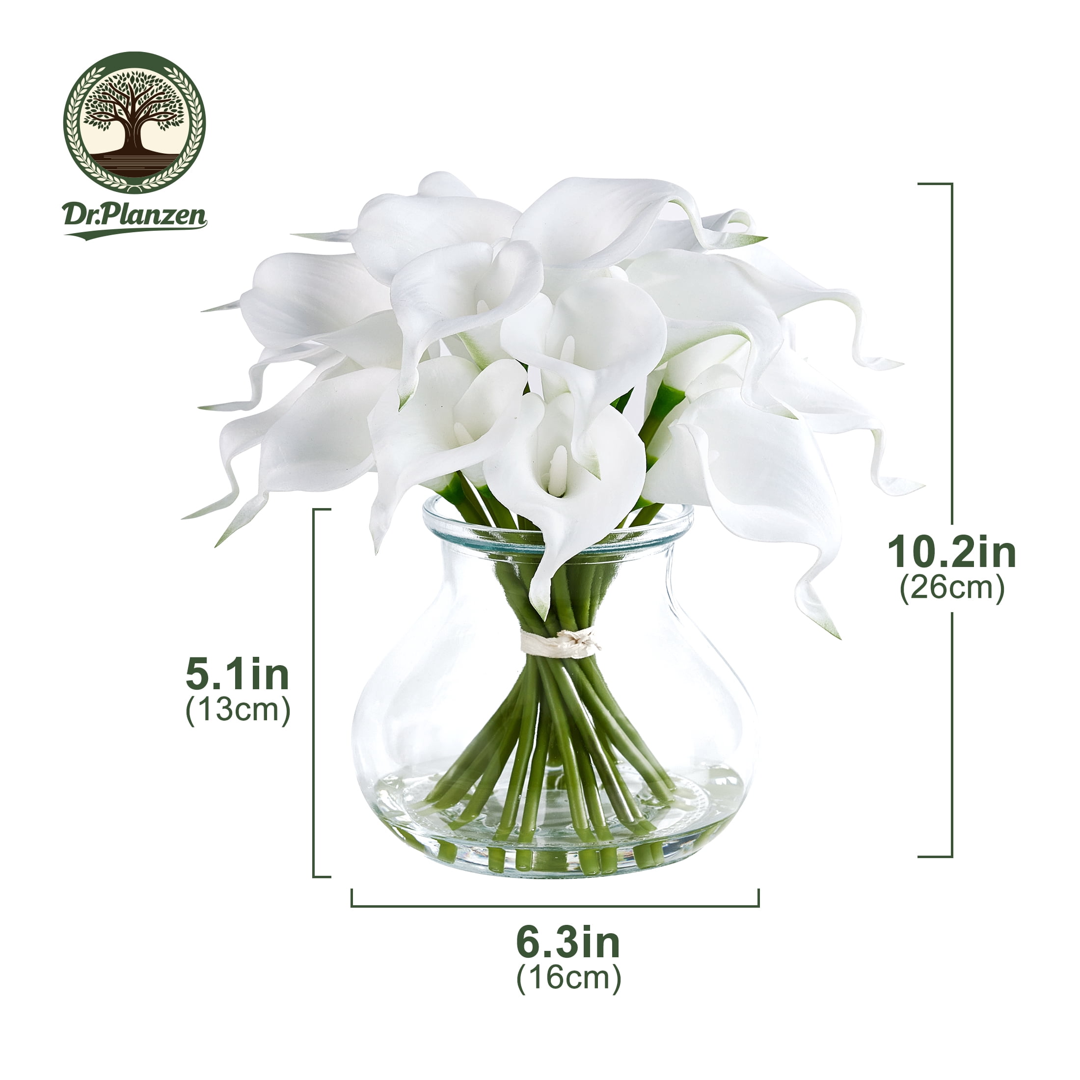 DR.Planzen 10.4in Artificial Calla Lily Flowers with Vase - 19-Bloom White Fake Flowers with Faux Water, Real Touch PU Floral Arrangement for Home Decor Wedding Office Table Centerpiece