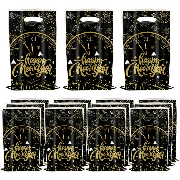 Bolsas de regalo con decoración de manzanas para Nochebuena, 20 unidades, bolsas de dulces negras y doradas, bolsas de plástico para envolver golosinas de fuegos artificiales, bolsas de regalo para f