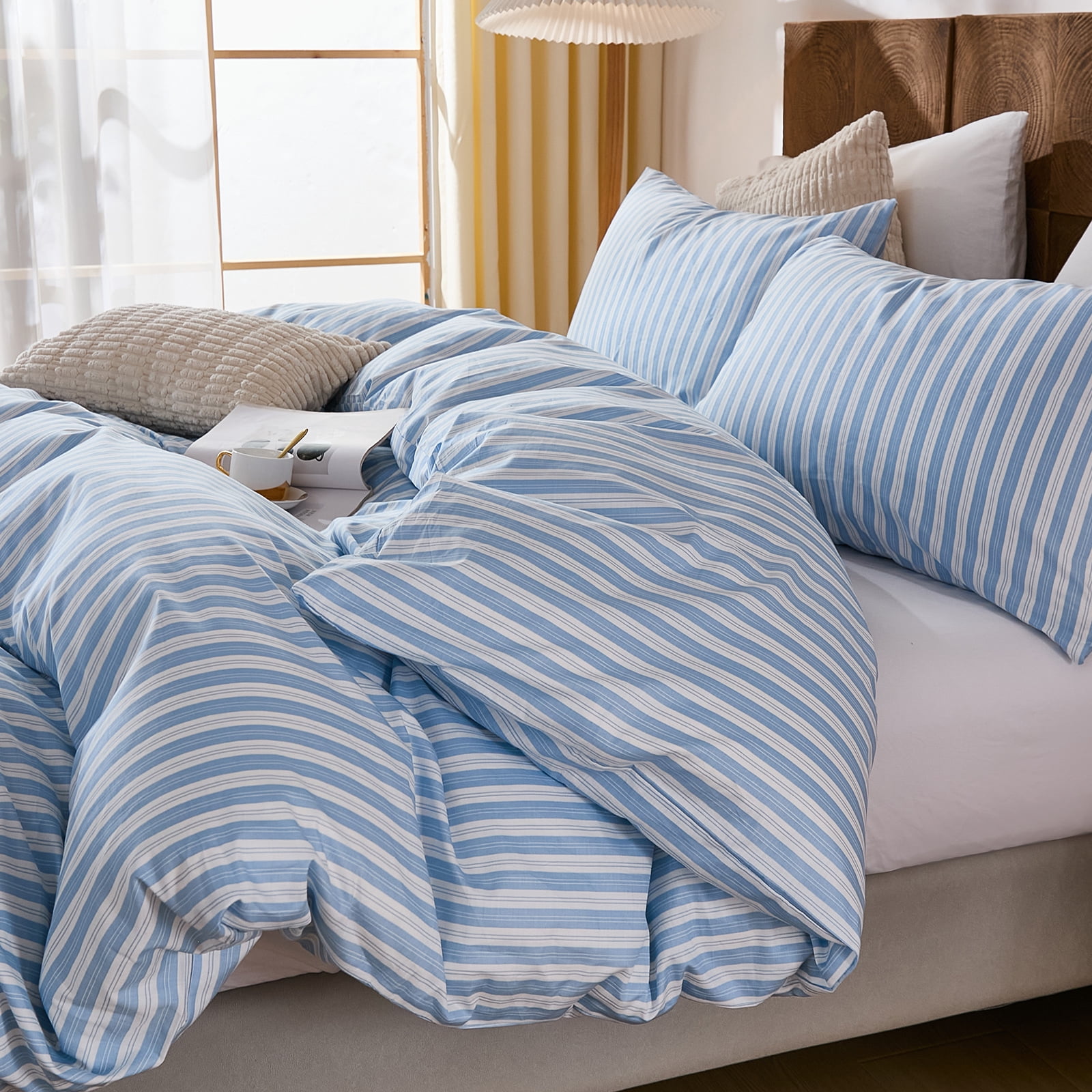 Brown Striped Duvet Cover Set Queen Size, 100% Natural Cotton Linen Like Duvet Cover Set with Zipper Closure & 8 Corner Ties, Brown Khaki Soft Reversible Bedding for All Seasons