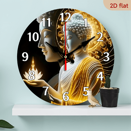 2D Flat 1pc 10Inch Religious Theme Wooden Wall Clock with Buddha and for Lotus Flower Design, Silent Battery Powered Clock, Ideal for Meditation Room and Temple Style Decor