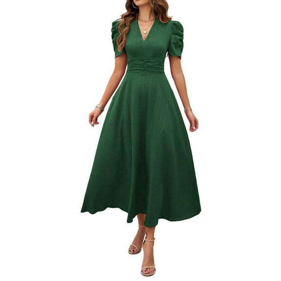 Yesfashion Women's Summer V Neck Short Sleeve Maxi Dress Loose High Waist Flowy Long Beach Dress