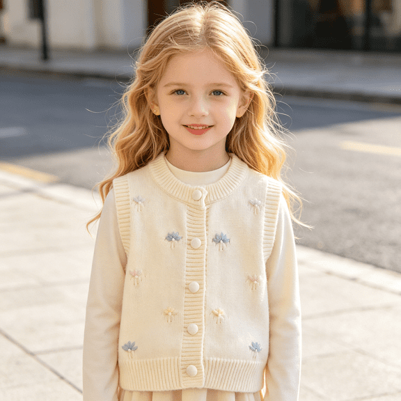 AUDeals Girls 3D Flower Embroidered Knit Sweater Vest - Round Neck Sleeveless Button Front Cardigan for Kids Casual Layering Wear