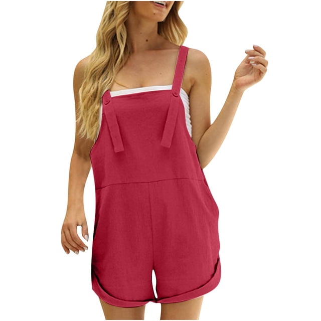 Yuyuzo Womens Cotton Linen Jumpsuits 1 Piece Square Neck Adjustable Strap Cami Shorts Summer Rompers