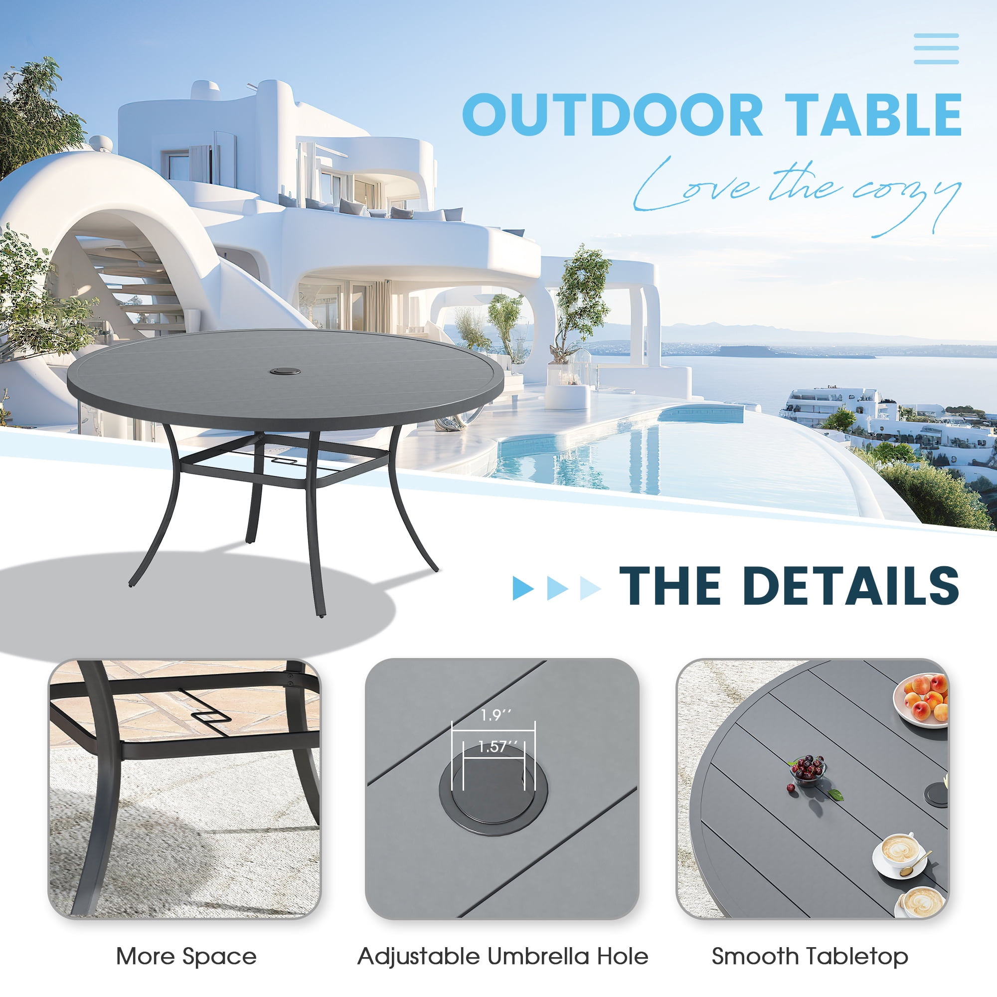 DIFY 7PCS Patio Dining Furniture Set, 50" Round Slatted Table and 6 Swivel Textilene Chairs